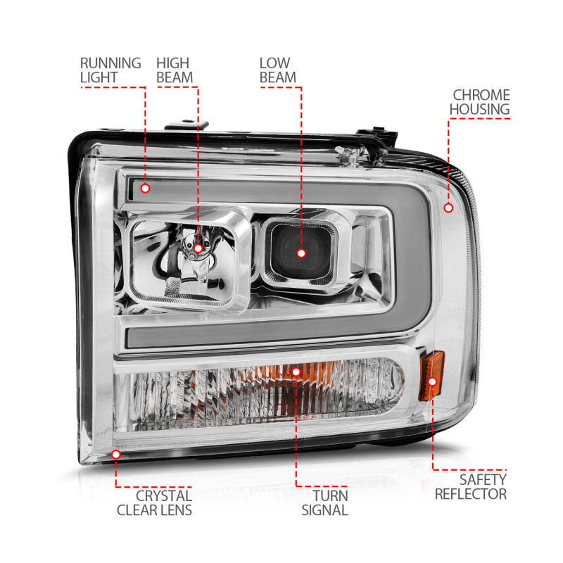 ANZO 99-04 Ford F250/F350/F450/Excursion (excl 99) Projector Headlights - w/Light Bar Chrome Housing thumbnail 8
