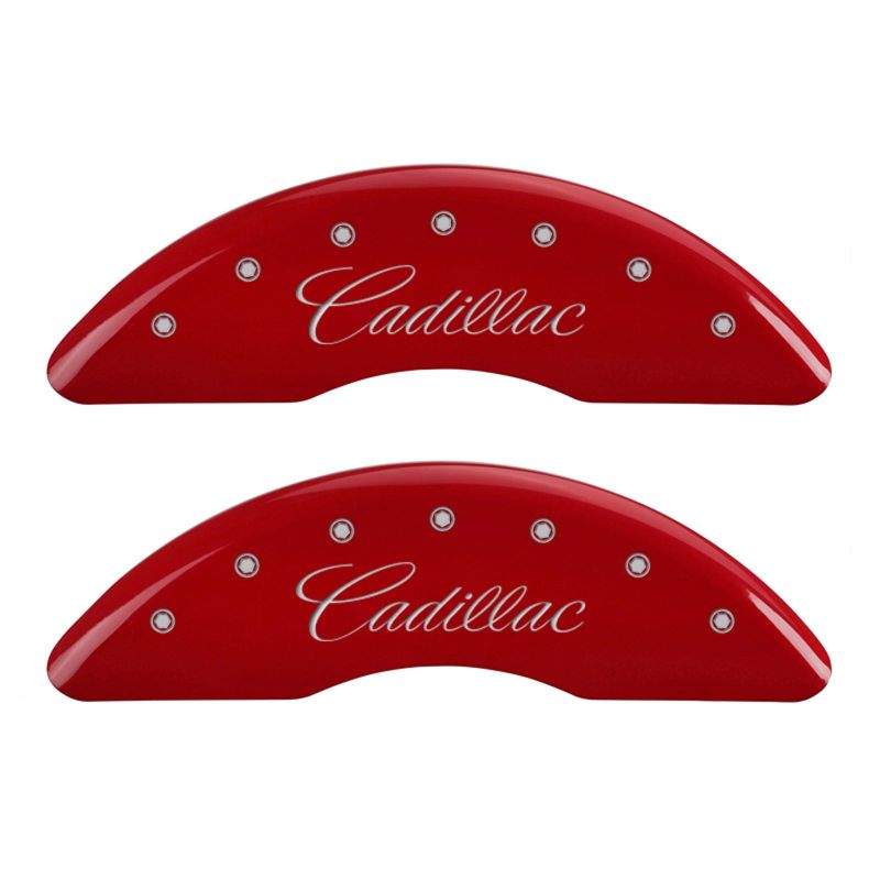 MGP 4 Caliper Covers Engraved Front Cursive/Cadillac Engraved Rear CTS Red finish silver ch thumbnail 4