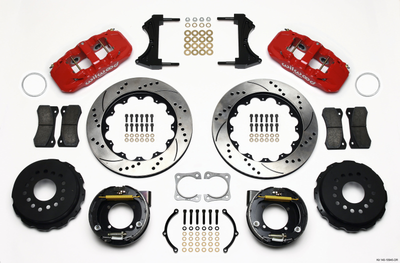 Wilwood AERO4 Rear P-Brake Kit 14.00in Drilled Red Chevy 12 Bolt-Spec 3.15in Bearing
