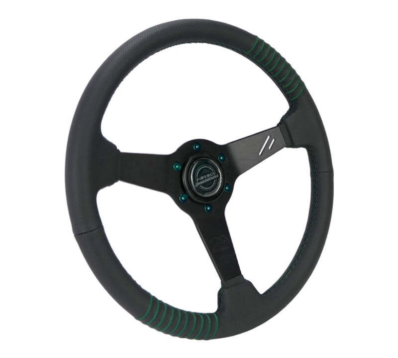 NRG Steering Wheel 1.5in Dish 350mm Black Perforated Leather - Emerald Stitching - Reinforced Spoke thumbnail 4