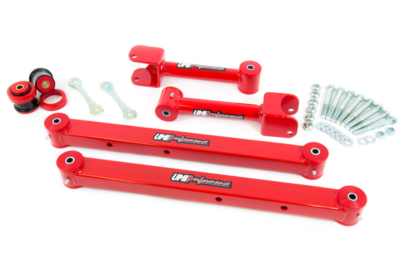 UMI rear control arm kit improves handling, reduces wheel hop, USA-made.
