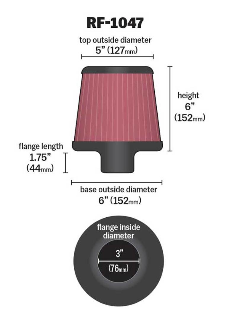 K&N Round Tapered Universal Air Filter 3 inch Flange 6 inch Base 5 inch Top 6 inch Height thumbnail 4