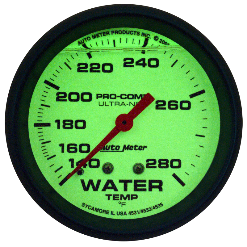 AutoMeter Gauge Wtemp 2-5/8in. 140-280 Deg. F Liq Filled Mech 4ft. Glow In Dark Ultra-Nite thumbnail 5