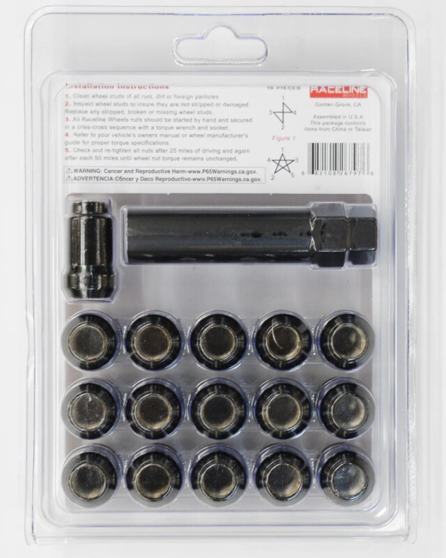 Raceline Spline Lug Nut Kit with Spline Key 12 x 1.5 - 16 Pack - Black