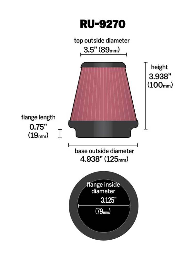 K&N Universal Tapered Filter 3-1/8in Flange IDx4-15/16in Base OD x 3-1/2in Top OD x 3-15/16in Height thumbnail 2