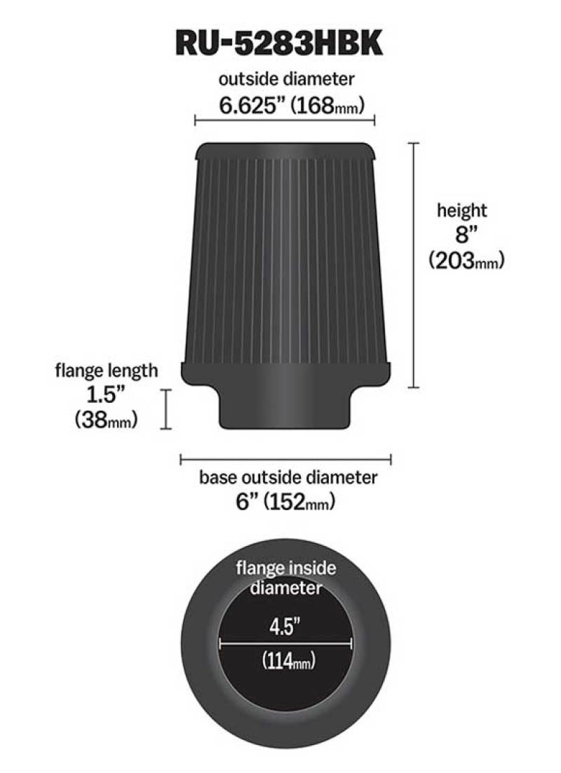K&N Universal Rubber Filter-Round Tapered 4.5in Flange ID x 8in Base OD x 6.625in Top OD x 8in H thumbnail 3