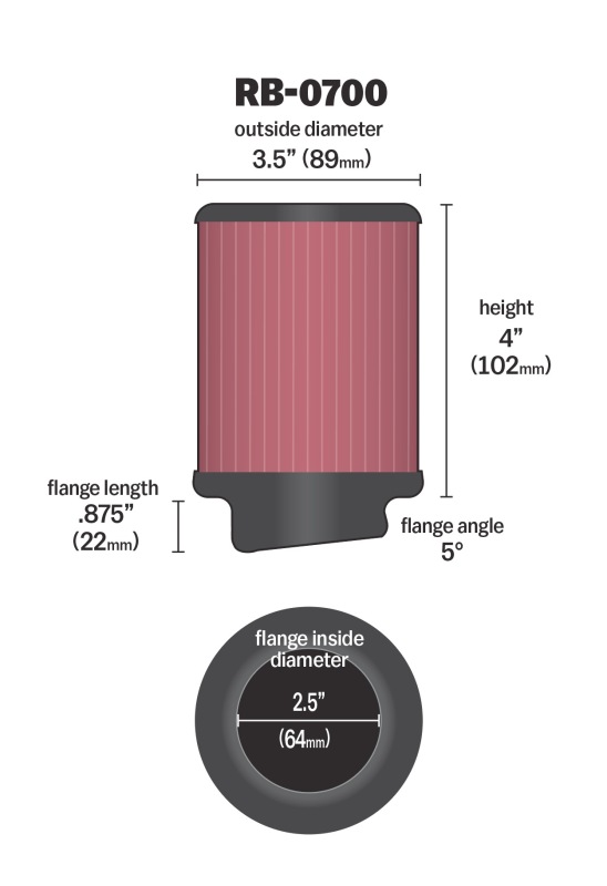 K&N Universal Rubber Filter 2.5 inch 5 Degree FLG 3.5 inch OD 4 inch Height thumbnail 9