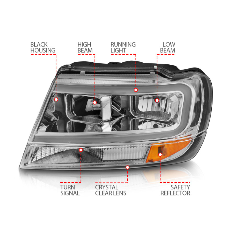 ANZO 1999-2004 Jeep Grand Cherokee Crystal Headlights w/ Light Bar Chrome Housing thumbnail 9