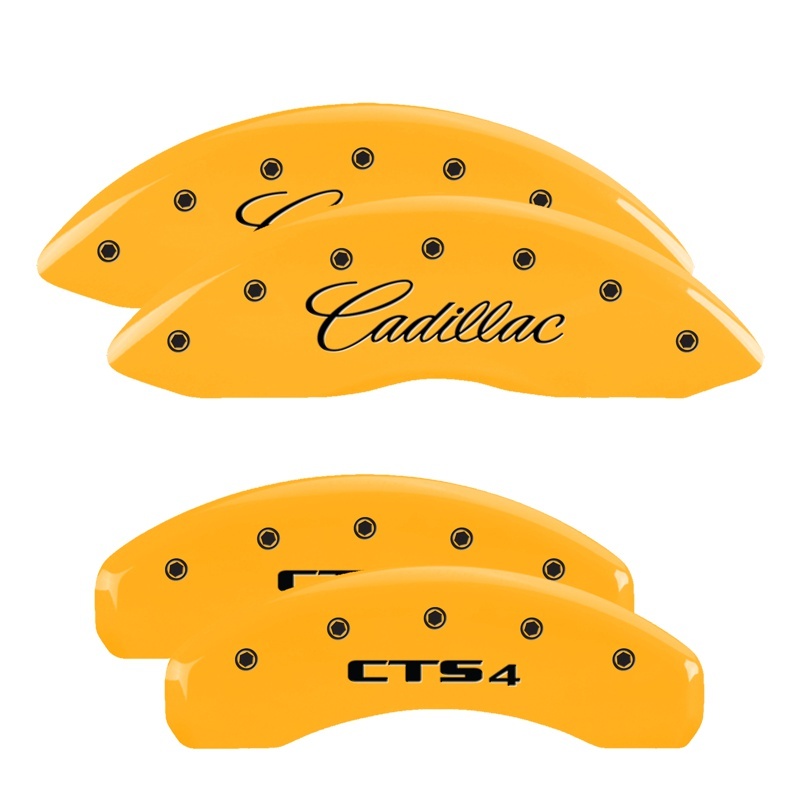 MGP 4 Caliper Covers Engraved Front Cursive/Cadillac Engraved Rear CTS4 Yellow finish black ch thumbnail 5