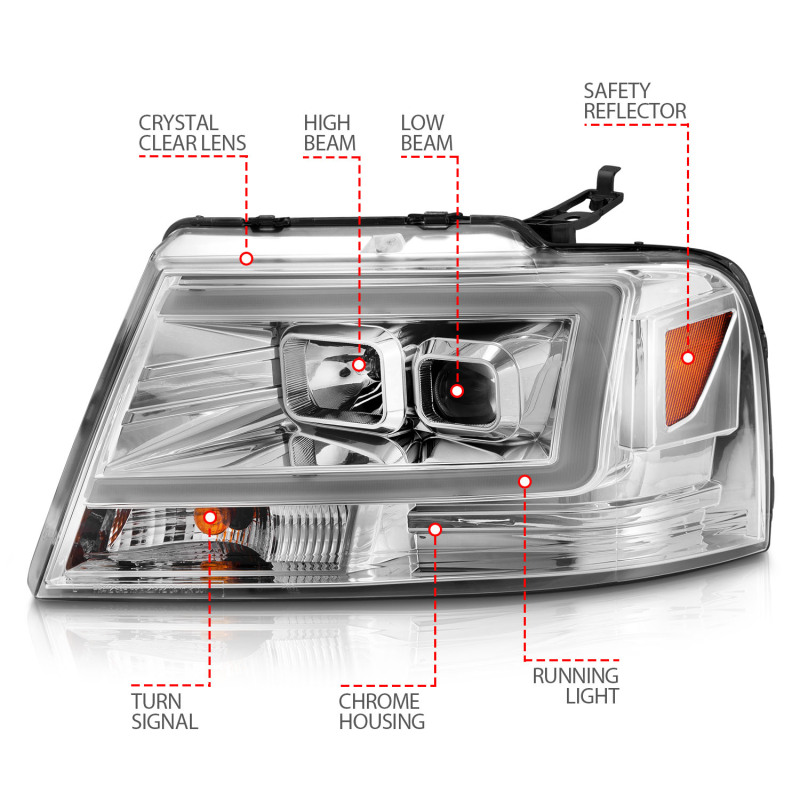 ANZO 2004-2008 Ford F-150 Projector Headlights w/ Light Bar Chrome Housing thumbnail 8