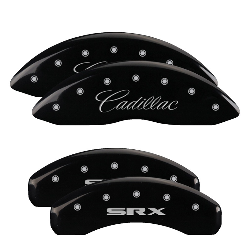 MGP 4 Caliper Covers Engraved Front Cursive/Cadillac Engraved Rear SRX Black finish silver ch thumbnail 2