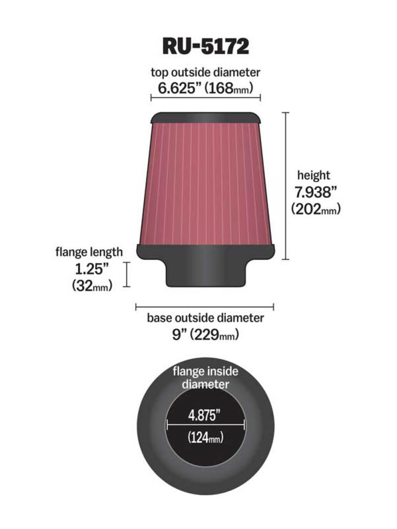 K&N Universal Rubber Filter-Round Tprd 4.875in Flange ID x 9in Base OD x 6.625in Top OD x 7.938in H thumbnail 4