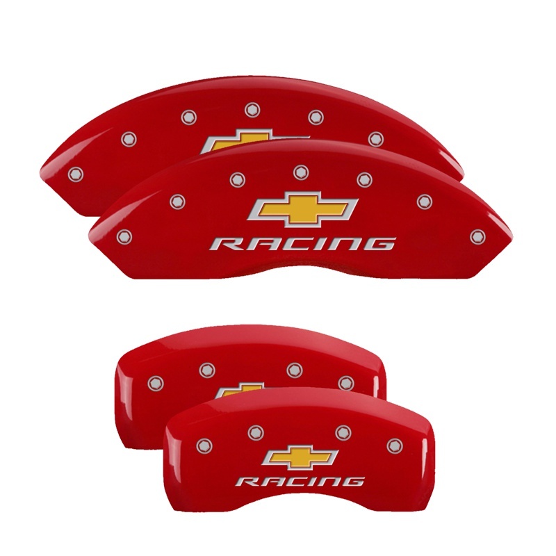 MGP 4 Caliper Covers Engraved Front & Rear Chevy racing Red finish silver ch thumbnail 3