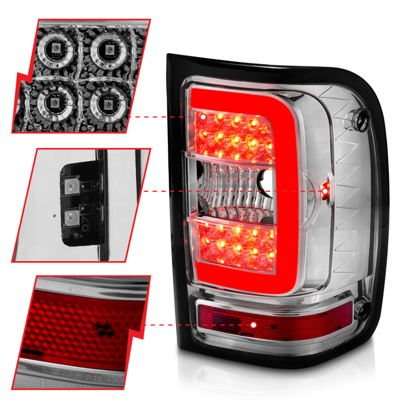 ANZO 2001-2011 Ford Ranger LED Tail Lights w/ Light Bar Chrome Housing Clear Lens thumbnail 9