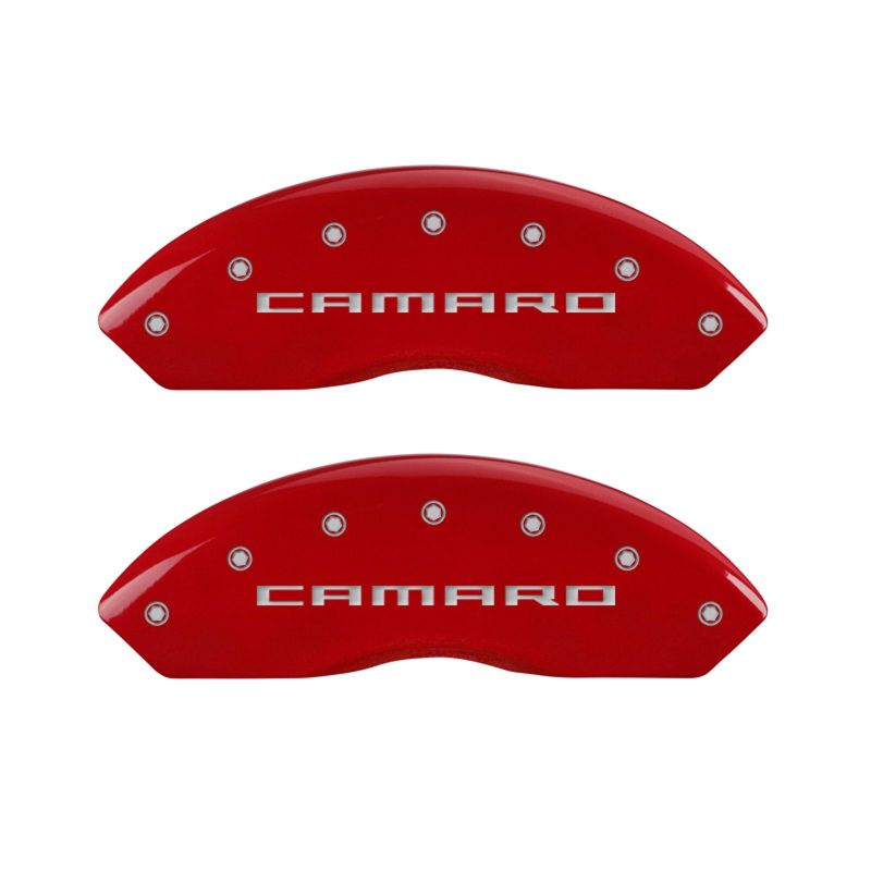 MGP 4 Caliper Covers Engraved Front Gen 5/Camaro Engraved Rear Gen 5/RS Red finish silver ch thumbnail 2
