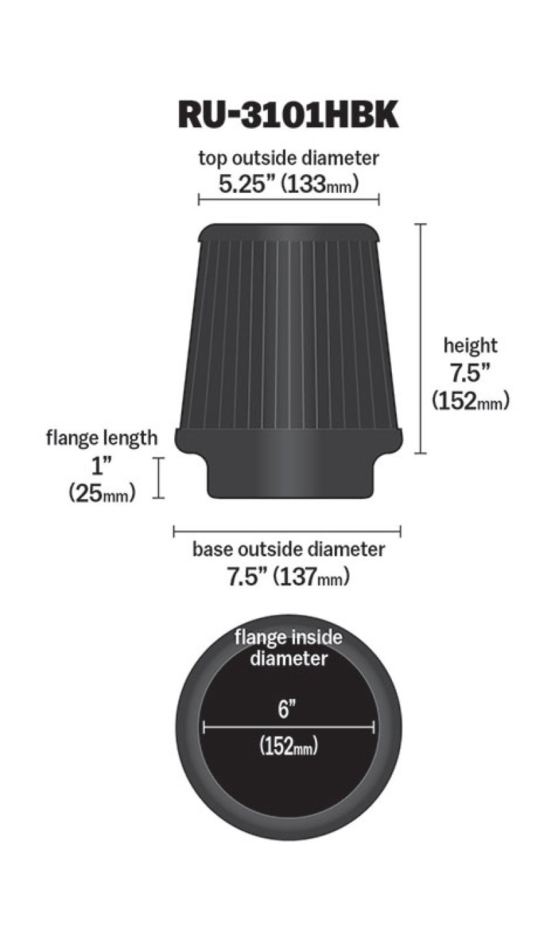 K&N Universal Rubber Filter Round Tapered 6in Flange ID x 7.5in Base OD x 5.25in Top OD x 8in Height thumbnail 3