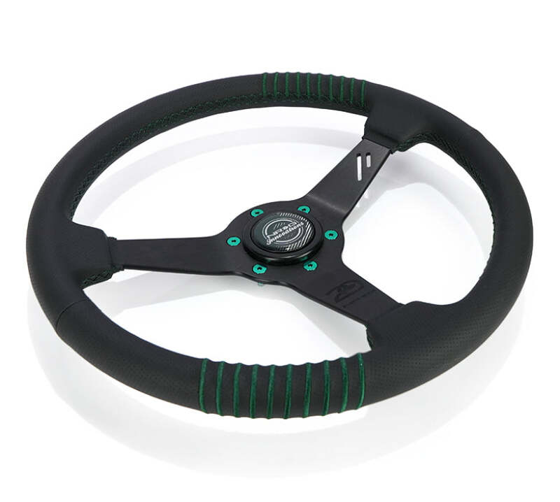 NRG Steering Wheel 1.5in Dish 350mm Black Perforated Leather - Emerald Stitching - Reinforced Spoke thumbnail 5