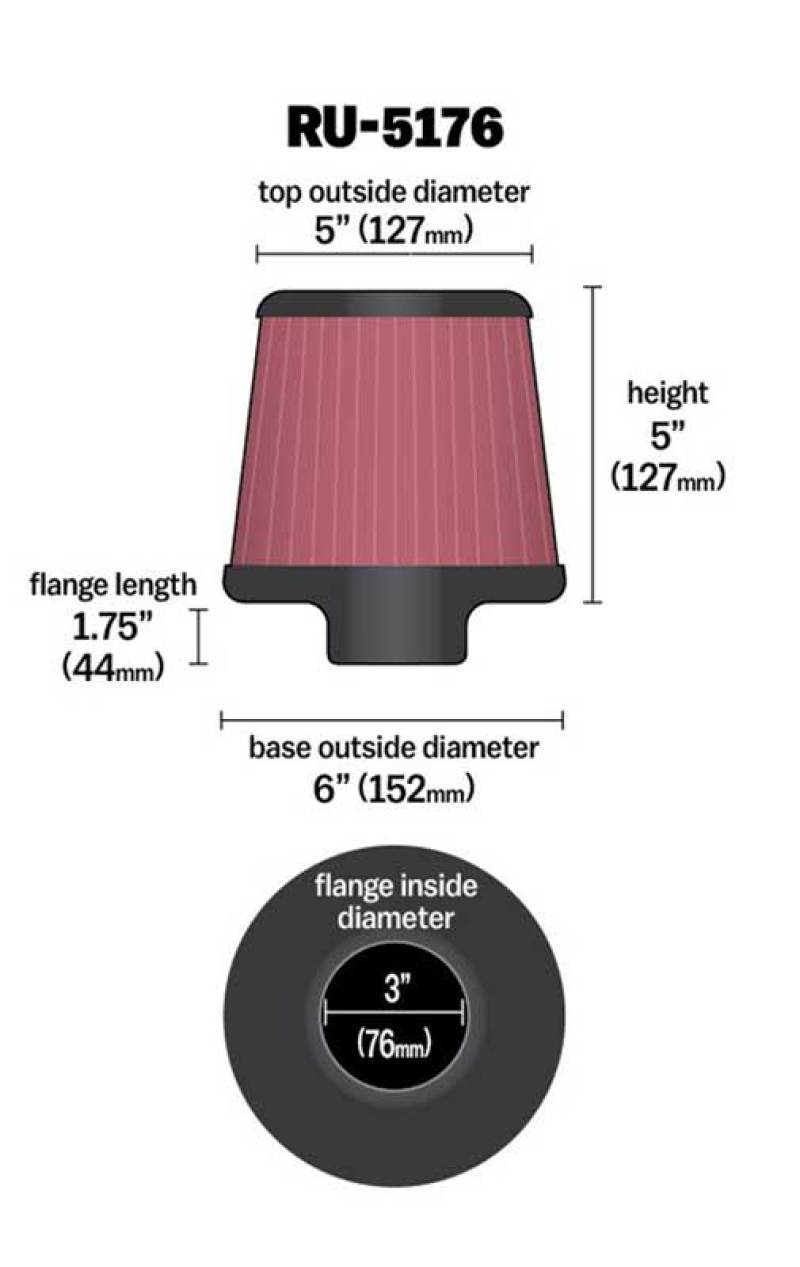 K&N Universal Rubber Filter-Round Tapered 3in Flange ID x 6in Base OD x 6in Top OD x 5in H thumbnail 5