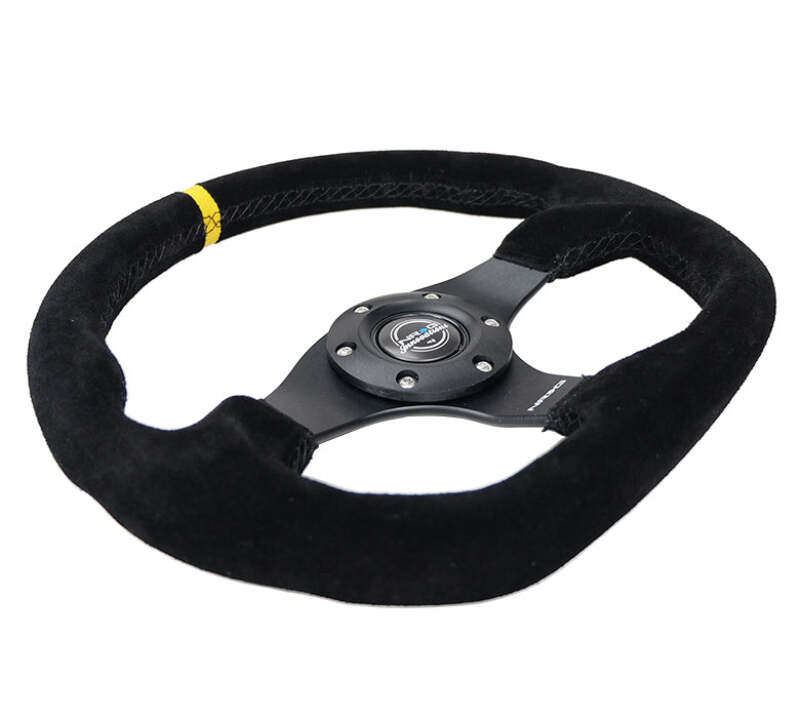 NRG Reinforced Steering Wheel (320mm) Sport Suede Flat Bottom w/ Yellow Center Mark thumbnail 2