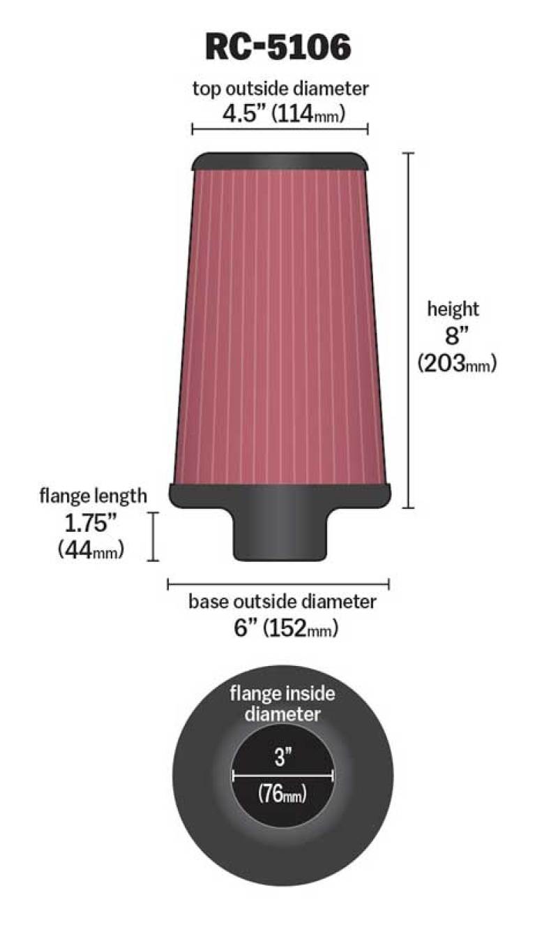 K&N Universal Chrome Round Tapered Air Filter 3in FlangeID / 6in Base OD / 4.5in Top OD / 8in Height thumbnail 4