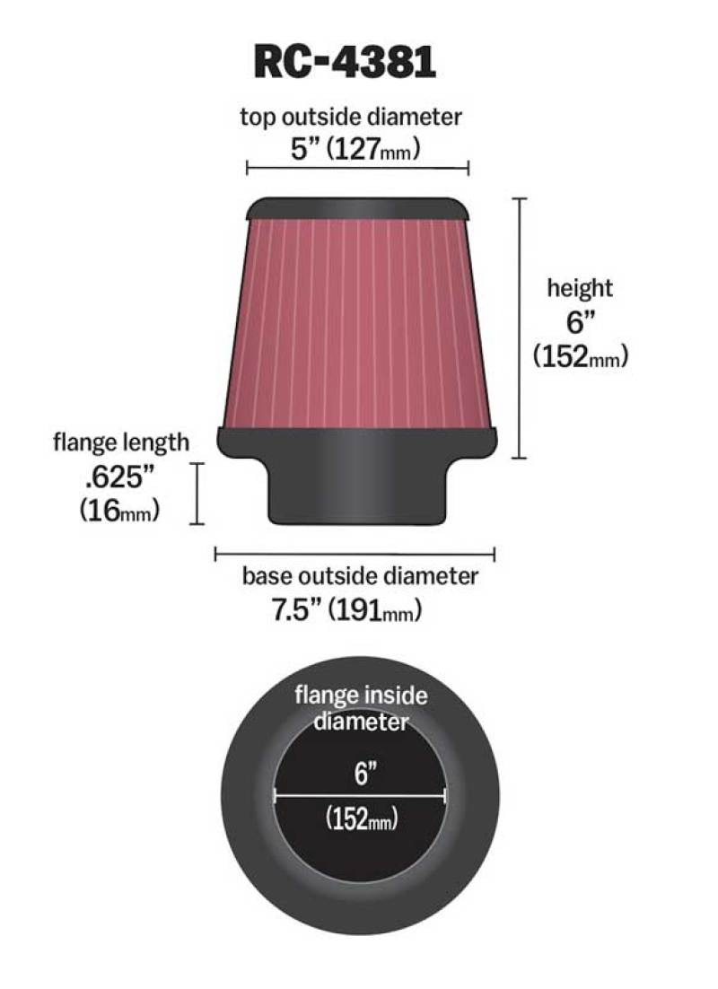 K&N Universal Chrome Filter 6in Flange ID x 7.5in Base OD x 5in Top OD x 6in H thumbnail 4