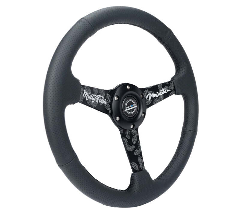 NRG Reinforced Black Perforated Leather Steering Wheel 350mm / 1.5in Deep w/ Goal Digger Blk Stitch thumbnail 2