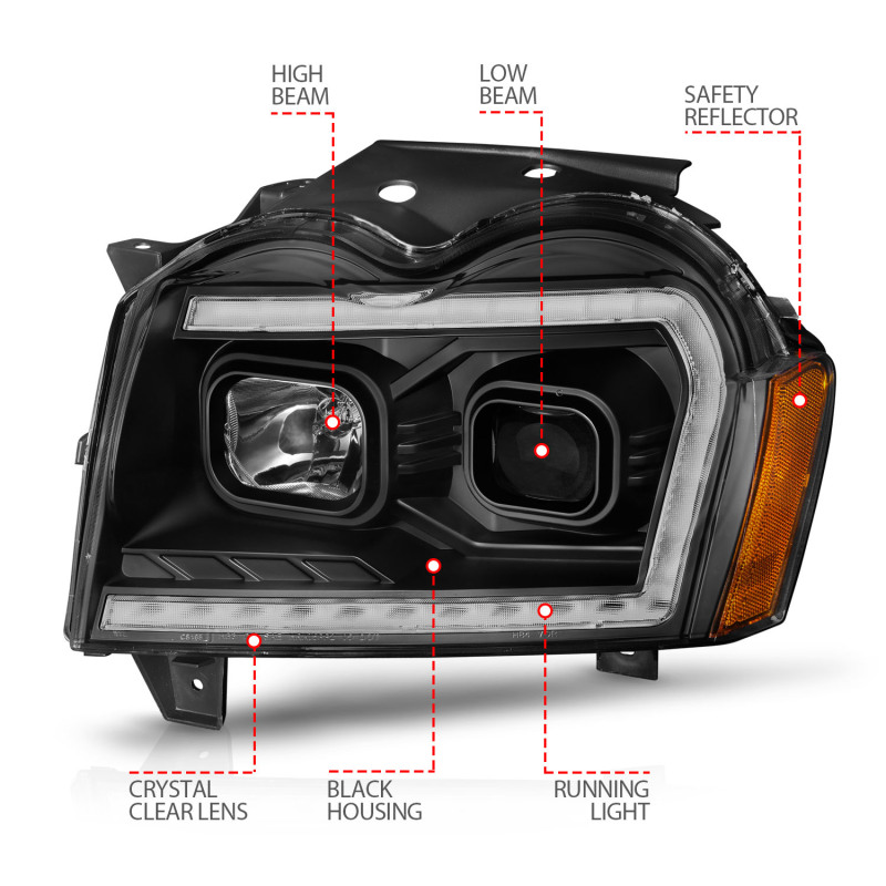 ANZO 2005-2007 Jeep Grand Cherokee Projector Headlights w/ Light Bar Switchback Black Housing thumbnail 8