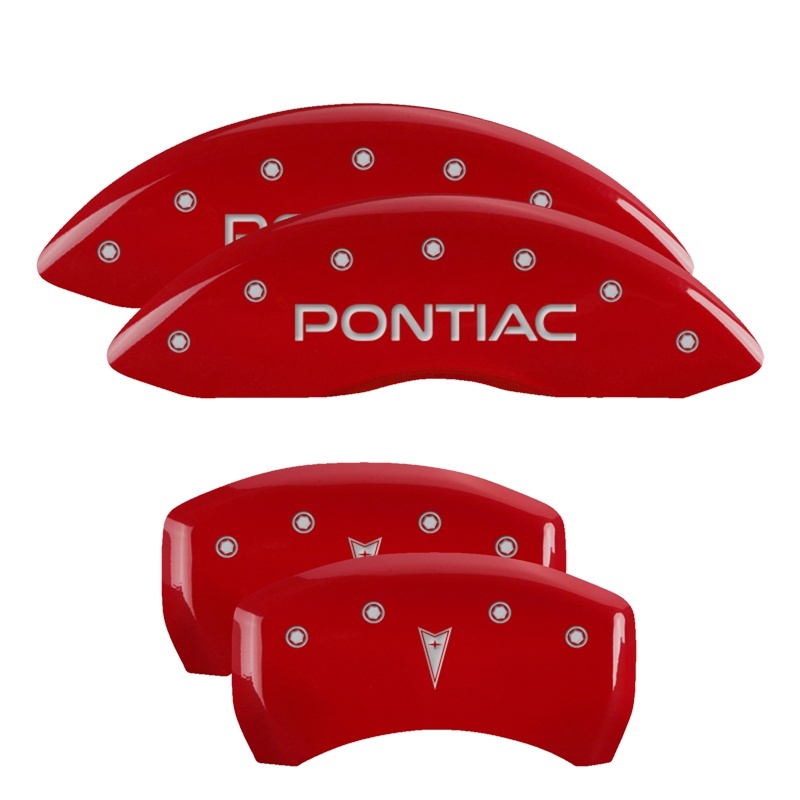 MGP 4 Caliper Covers Engraved Front Pontiac Engraved Rear Arrow Red finish silver ch thumbnail 2