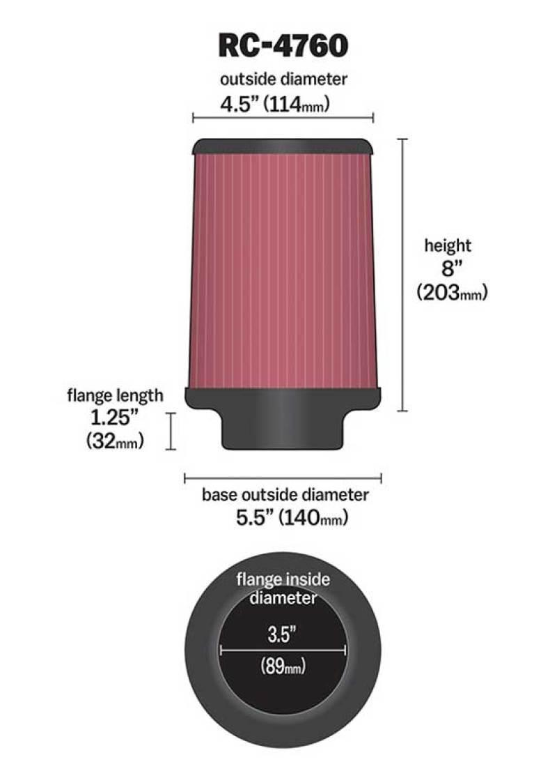 K&N Universal Chrome Filter 3 1/2 inch FLG / 5 1/2 inch Bottom / 4 1/2 inch Top / 8 inch Height thumbnail 5