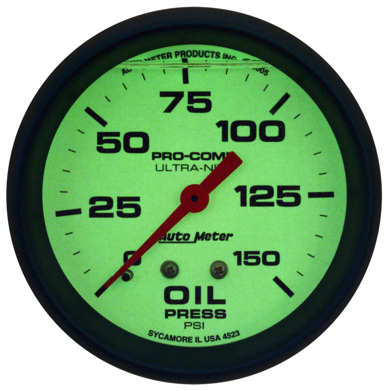 Autometer Ultra-Nite 2-5/8in 0-150 PSI Liquid Filled Mechanical Glow In Dark Oil Pressure Gauge thumbnail 5