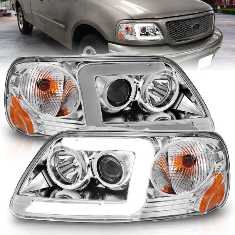 ANZO 1997-2003 Ford F-150 Projector Headlights w/ Light Bar Chrome Housing thumbnail 6