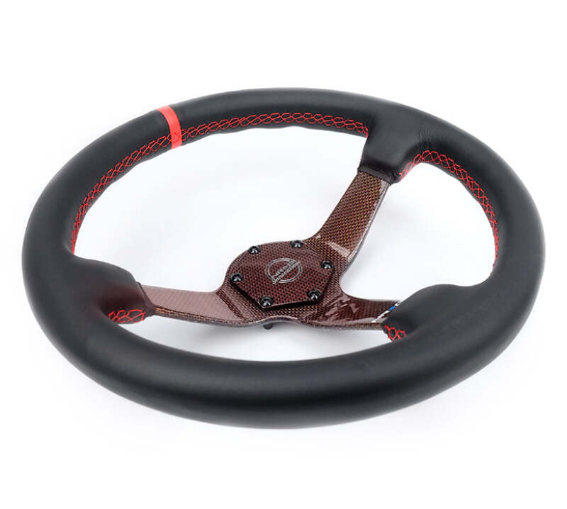 NRG Carbon Fiber Steering Wheel 350mm 3in Deep Red Carbon Fiber Red Stiching Red Center Mark Leather thumbnail 5