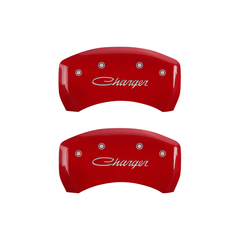 MGP 4 Caliper Covers Engraved Front & Rear Cursive/Charger Red finish silver ch thumbnail 6