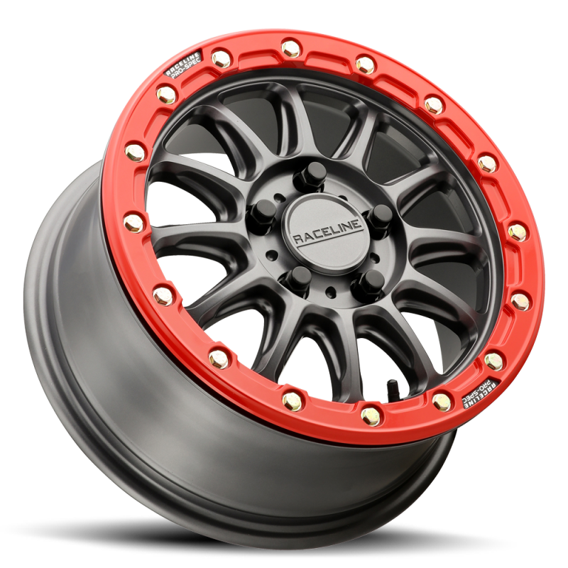 Raceline A14GR Alpha 15x7in/5x114.3 BP/25mm Offset/68mm Bore - Gunmetal & Red Ring Beadlock Wheel thumbnail 2