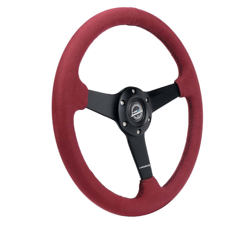 NRG Sport Wheel (350mm) 3 Solid Spokes - 1.5in Deep - Burgundy - Micro Suede - Black Stitching thumbnail 3