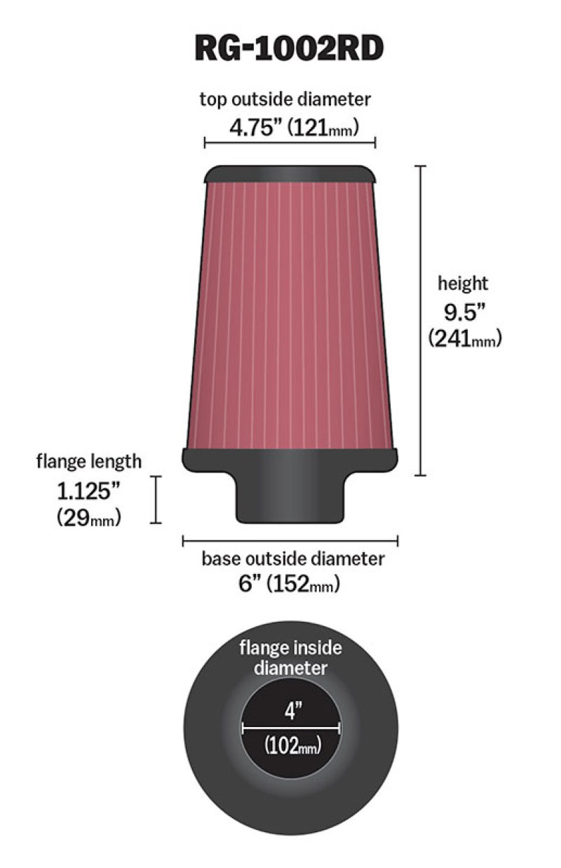 K&N Universal Air Filter Chrome Round Tapered Red - 4in Flange ID x 1.125in Flange Length x 9.5in H thumbnail 9