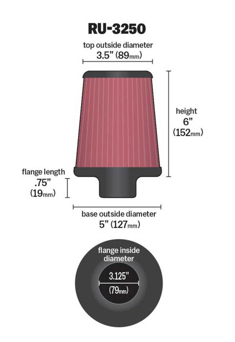 K&N Universal Tapered Filter 3.125in Flange ID x 5in Base OD x 3.5in Top OD x 6in Height thumbnail 4