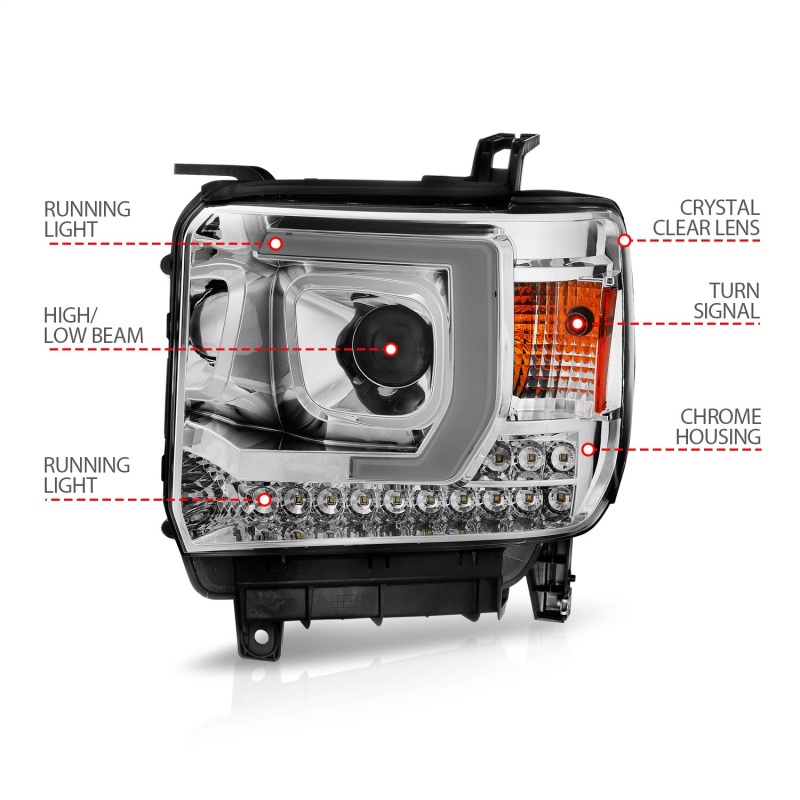 ANZO 14-15 GMC Sierra 1500/2500HD/3500HD Plank Style Projector Headlight - Chrome Housing thumbnail 4