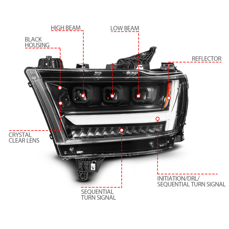 ANZO 19-24 RAM 1500 (New Body/OE Halogen) Full LED Proj Headlights DRL/SeqSig Black - Pass. Side thumbnail 8