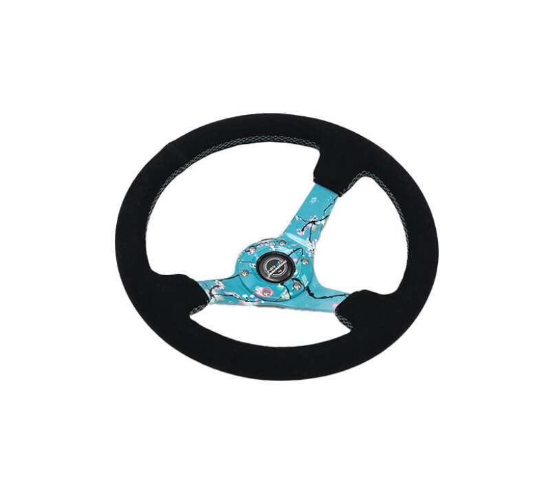 NRG Reinforced Suede Steering Wheel (350mm / 3in. Deep) Hydro Dipped Blossom Floral w/ Teal Stitch thumbnail 4