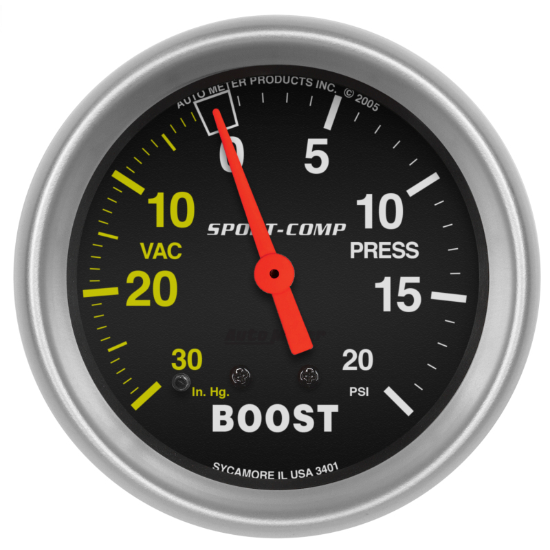 Autometer Sport-Comp 2-5/8in 30 IN HG/20 PSI Mechanical Boost/Vacuum Gauge thumbnail 3
