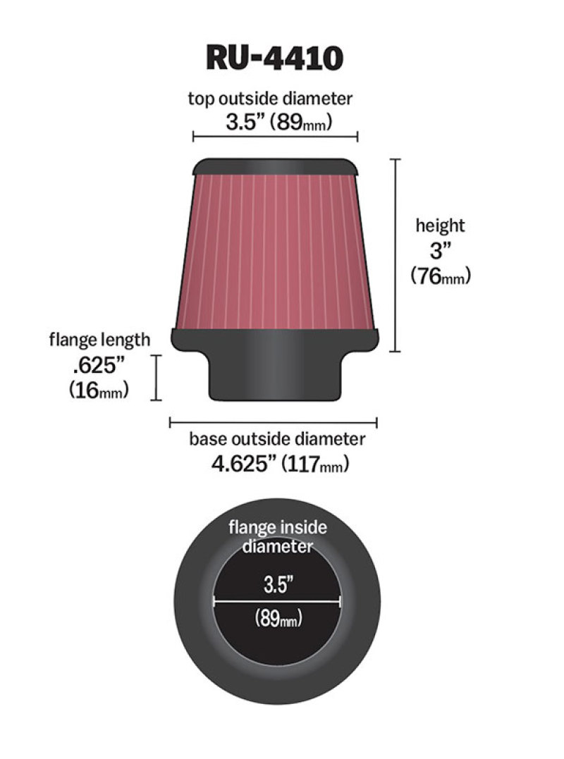 K&N Filter Universal Rubber Filter 3 1/2 inch Flange 4 5/8 inch Base 3 1/2 inch Top 3 inch Height thumbnail 5