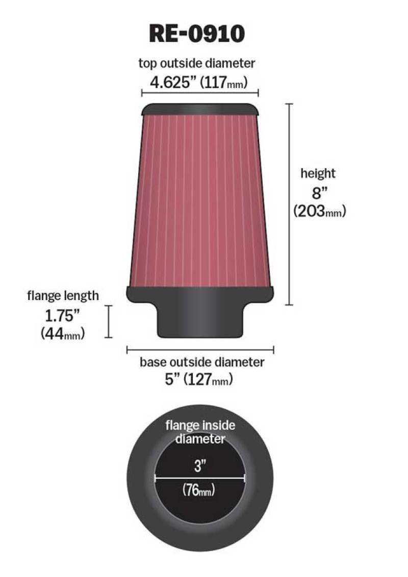 K&N Universal Rubber Filter 3inch FLG / 5inch OD-B / 4-5/8inch OD-T / 8inch H thumbnail 4