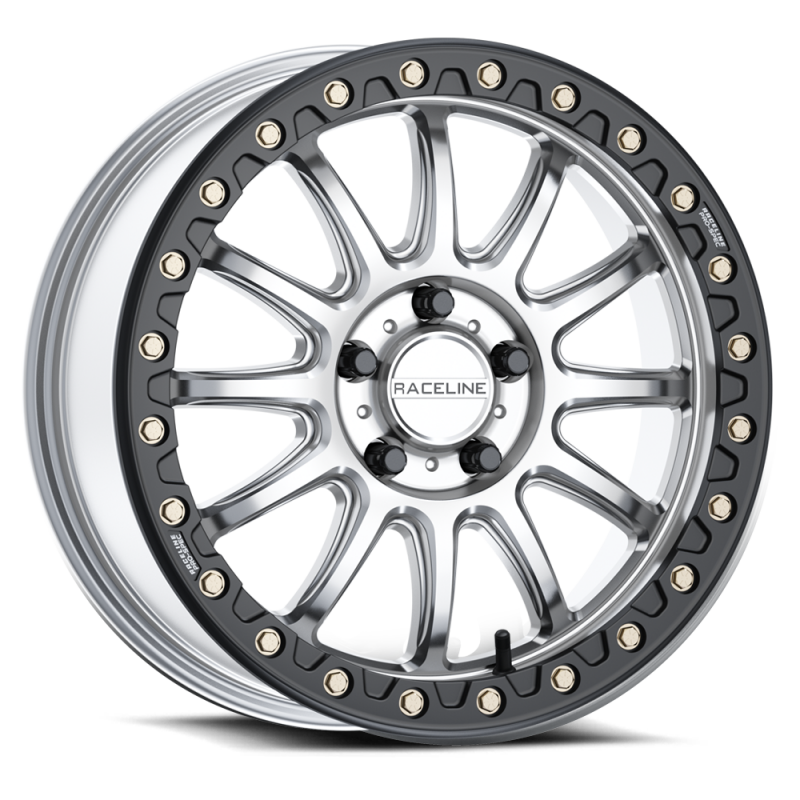 Raceline A14SB Alpha 15x7in/4x156 BP/10mm Offset/132.5mm Bore - Silver & Blk Ring Beadlock Wheel thumbnail 2