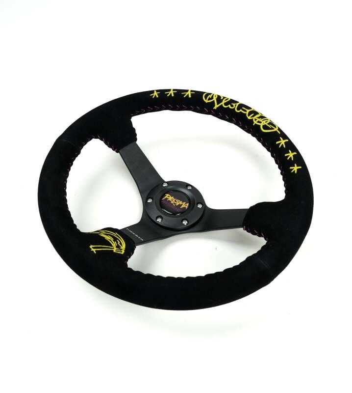 NRG Reinforced Black Perforated Leather Steering Wheel 350mm / 3in Deep w/ NVR Embroidery thumbnail 2