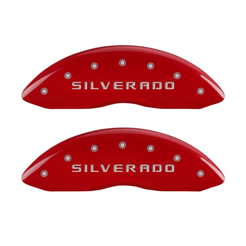 MGP Front set 2 Caliper Covers Engraved Front Silverado Red finish silver ch thumbnail 3
