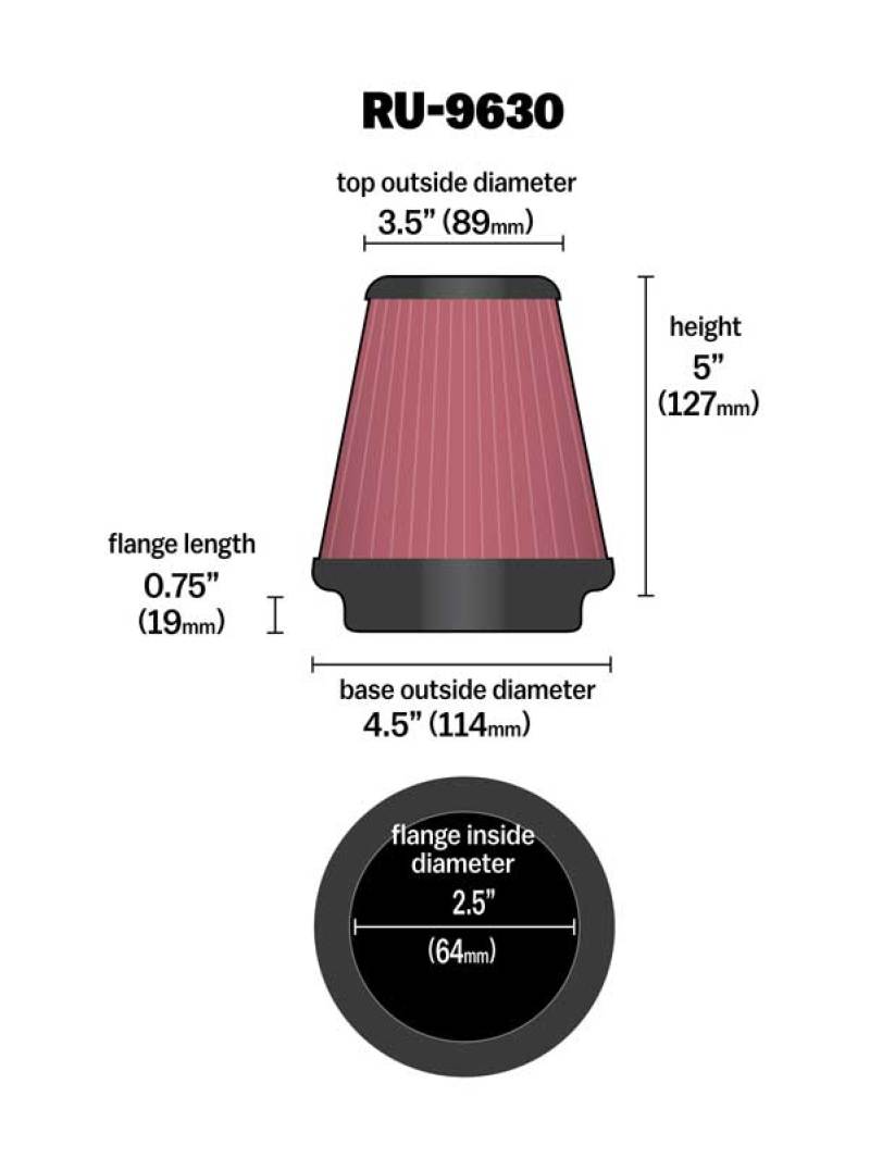 K&N Universal Tapered Filter 2.5in Flange ID x 4.5in Base OD x 3.5in Top OD x 5in Height thumbnail 2