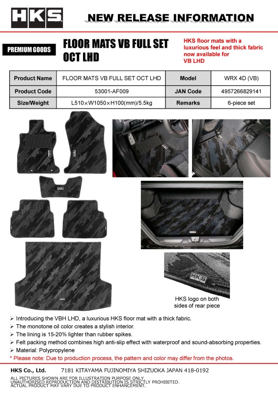 HKS FLOOR MATS VB FULL SET OCT LHD