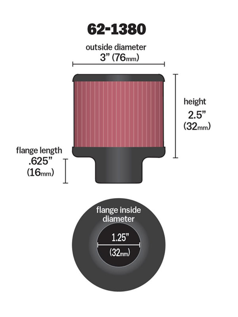K&N 1.25in Flange ID x 3in OD x 2.5 inch H Rubber Base Crankcase Vent Filter thumbnail 5