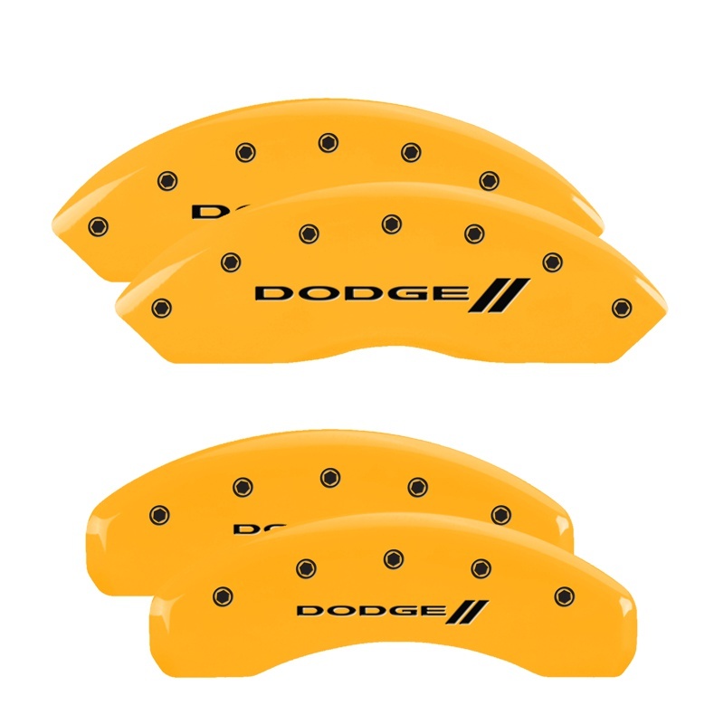 MGP 4 Caliper Covers Engraved Front & Rear With stripes/Dodge Yellow finish black ch thumbnail 5